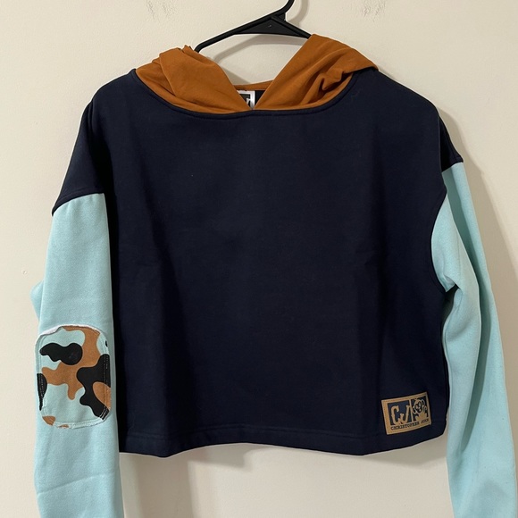 Christopher John Rogers Blue Brown Cropped Patchwork Pullover Hoodie Size Small - Picture 2 of 10
